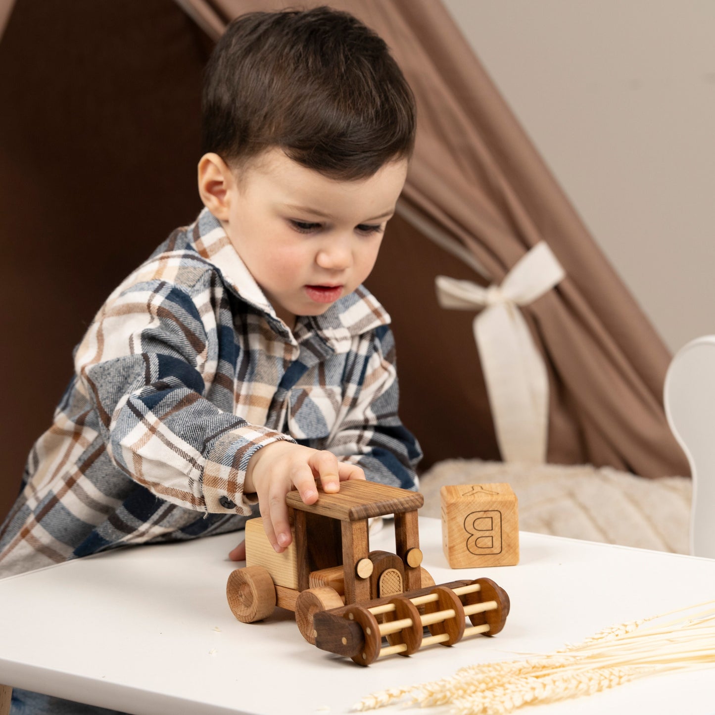 Wooden Combine Harvester, Wooden Farm Toys / PERSONALIZED