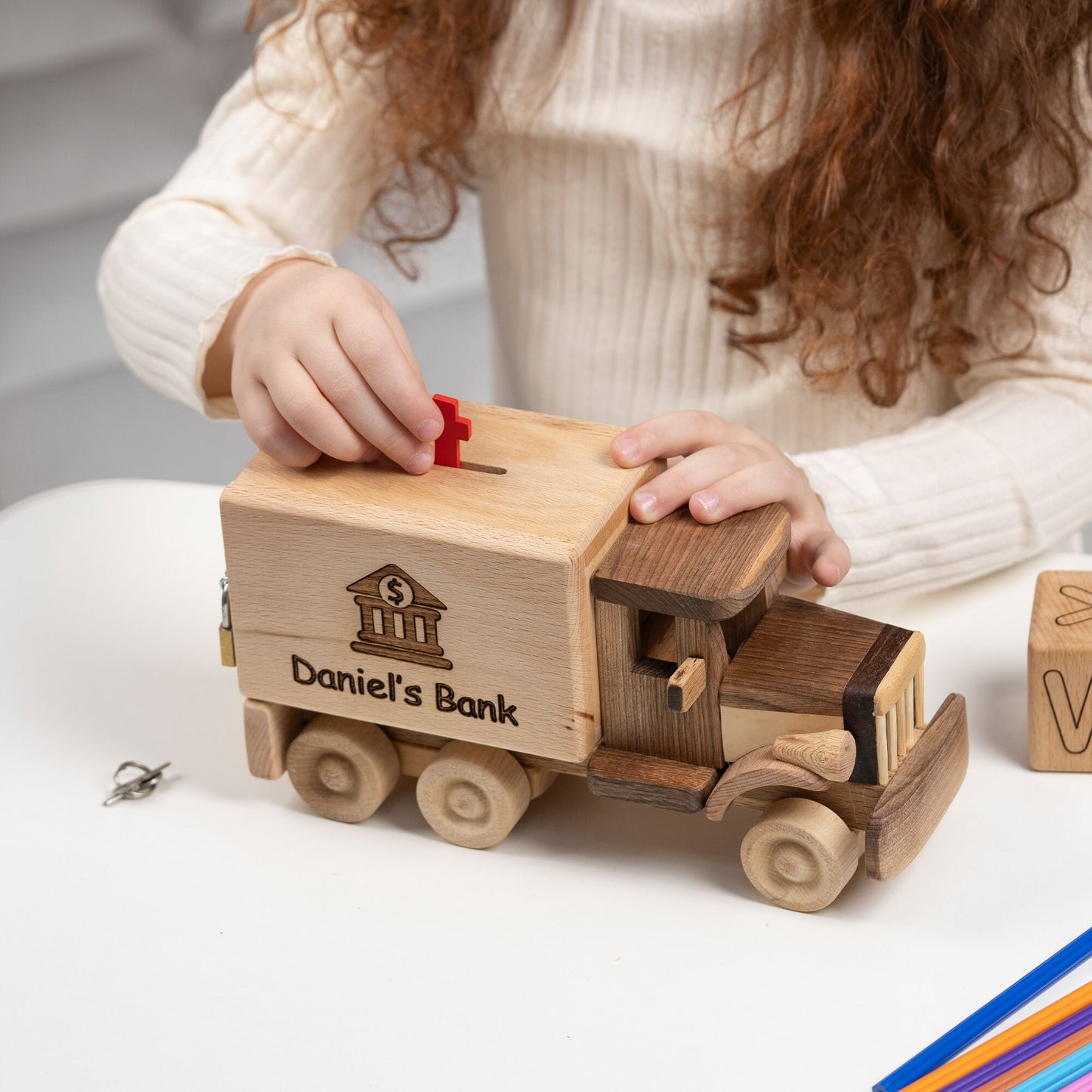 Piggy Bank & Truck Toy, Wooden Toys, Wooden Nursery Decor, Baby Birthday Gift / HANDMADE / PERSONALIZED