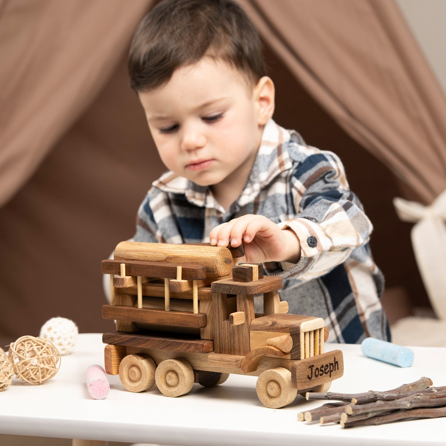 Wooden Fire Truck With Stairs, Personalized Gifts For Kids
