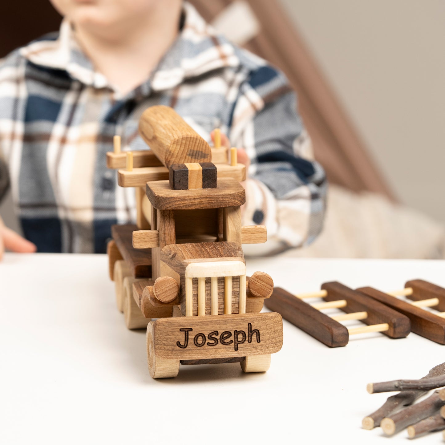 Wooden Fire Truck With Stairs, Personalized Gifts For Kids